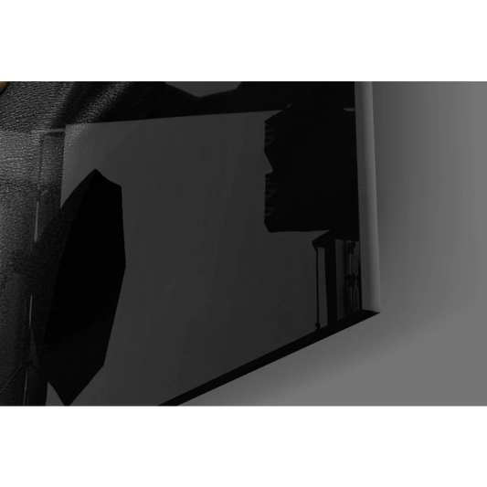 Black octagonal softbox diffuser on stunning tempered glass art portrait