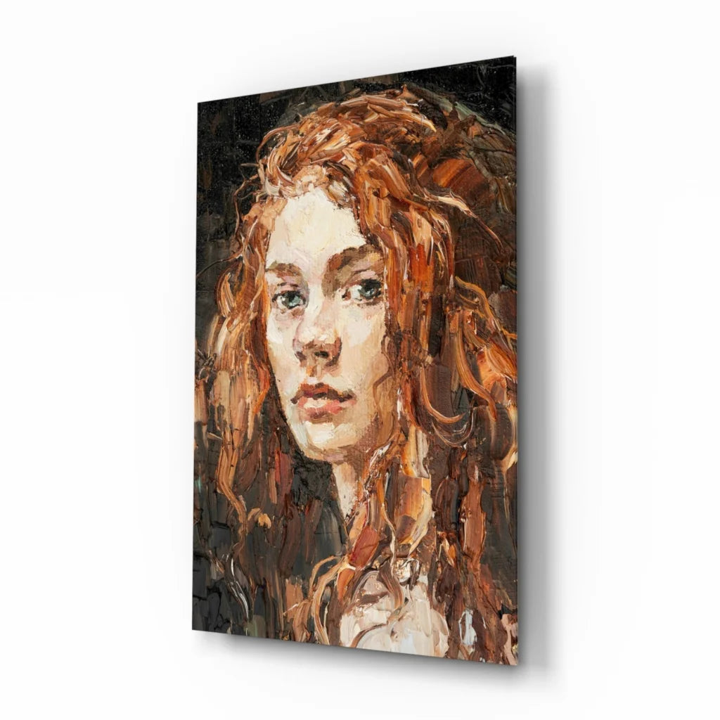 Fiery redhead portrait glass wall art with emerald eyes