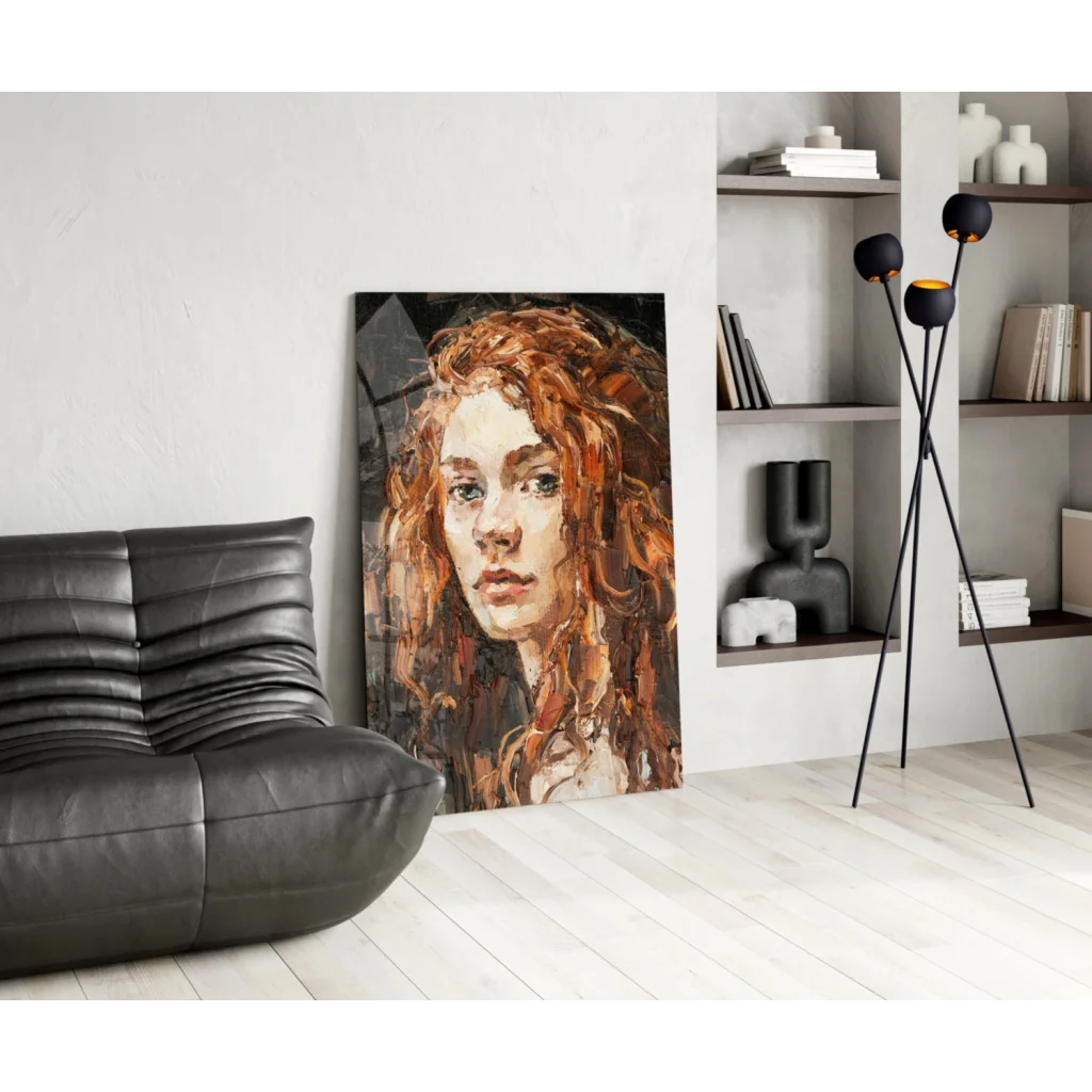 Vibrant glass wall art of fiery redhead portrait with emerald eyes