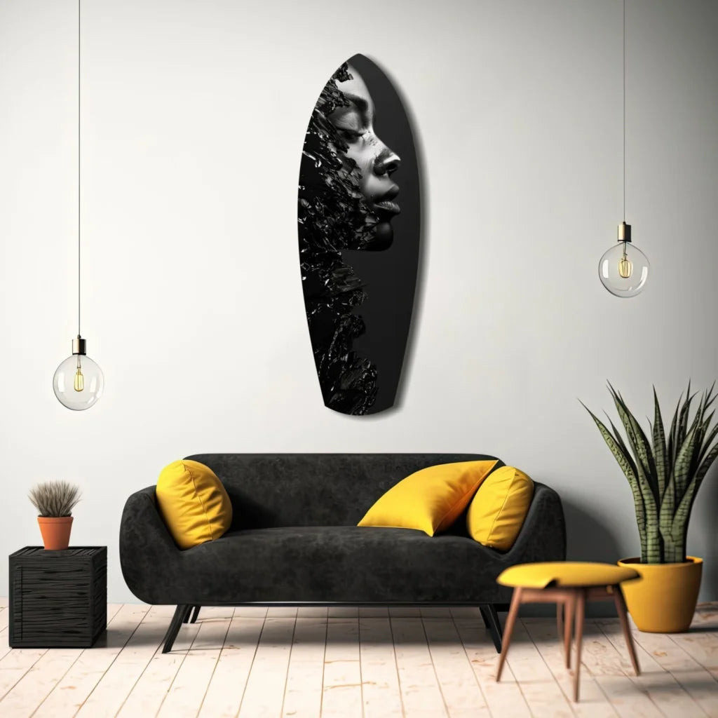 Black surfboard tempered glass art with monochrome woman portrait