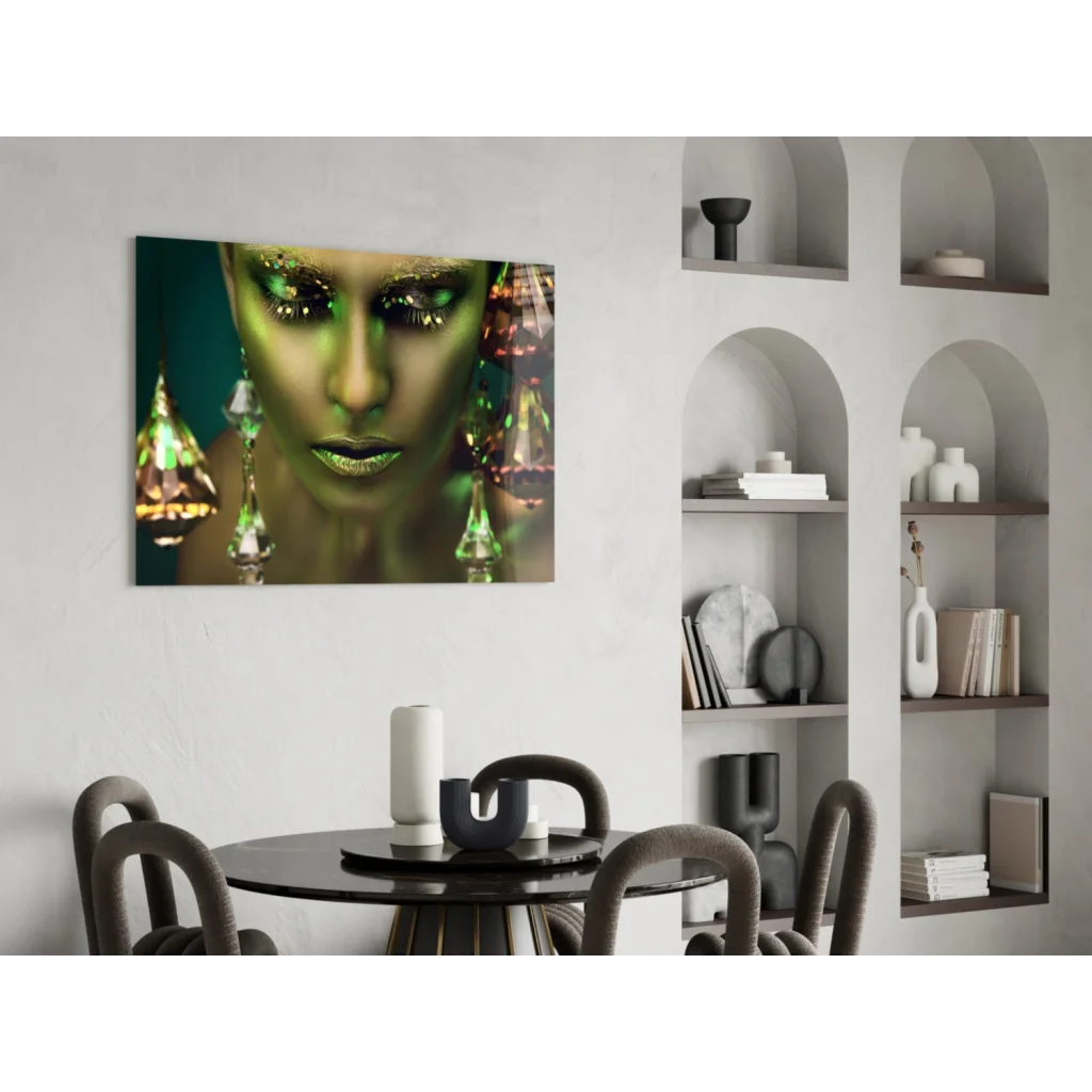 Green tempered glass art portrait of metallic face on wall