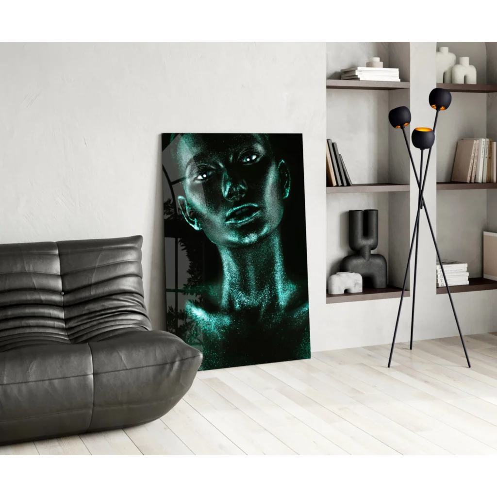Stunning teal glitter portrait on tempered glass art