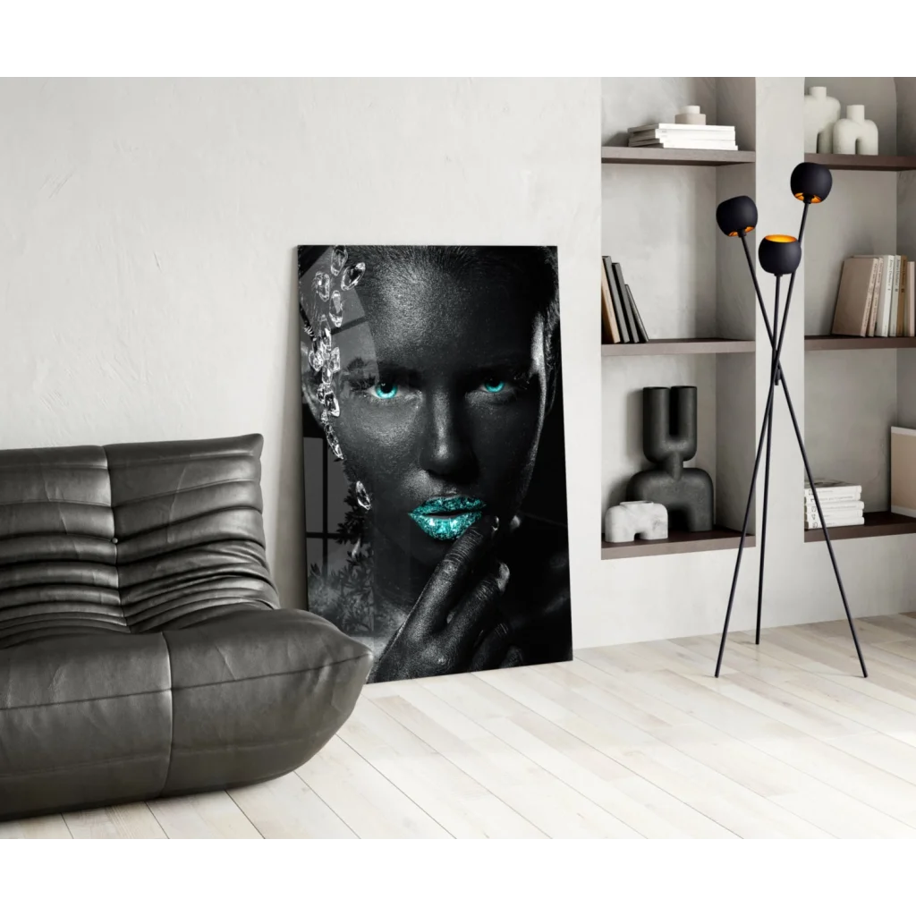 Black-and-teal woman with turquoise eyes on tempered glass art