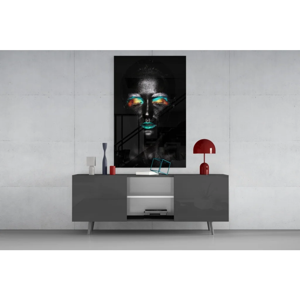 Striking black-and-white portrait on vibrant teal eye makeup tempered glass art