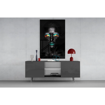 Striking black-and-white portrait on vibrant teal eye makeup tempered glass art