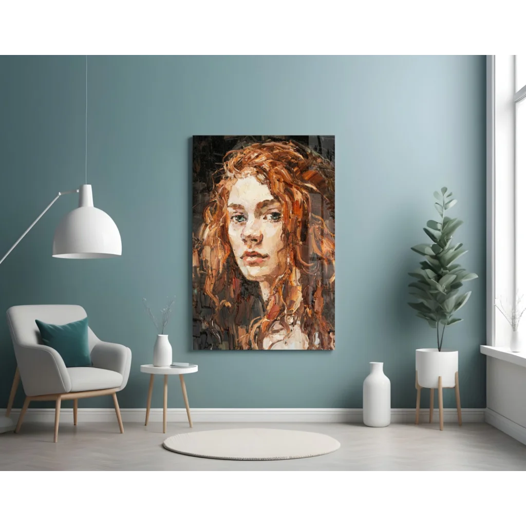 Fiery redhead portrait glass wall art with emerald eyes on textured canvas