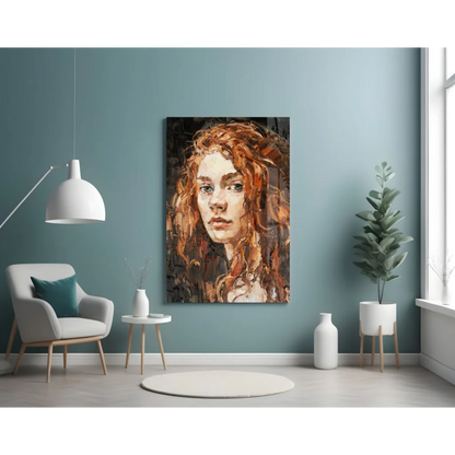 Fiery redhead portrait glass wall art with emerald eyes on textured canvas