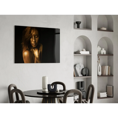 Golden Goddess tempered glass art print of woman with golden skin