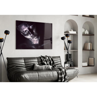 Black and silver abstract portrait on tempered glass art wall