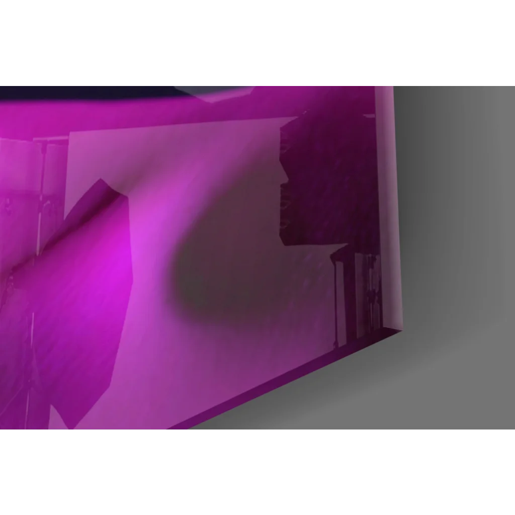 Vibrant neon purple glass wall art with geometric cutouts