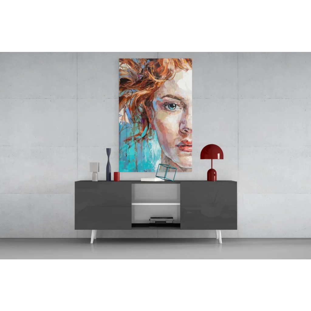 Vibrant fiery redhead glass wall art with mesmerizing blue eyes