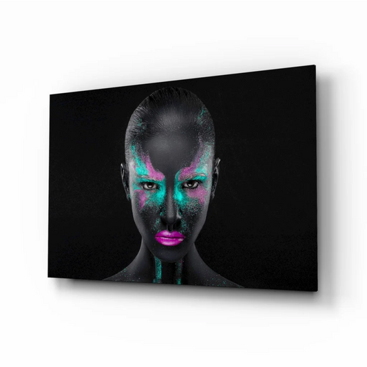 Vibrant woman with black skin and teal pink glitter makeup on tempered glass art print