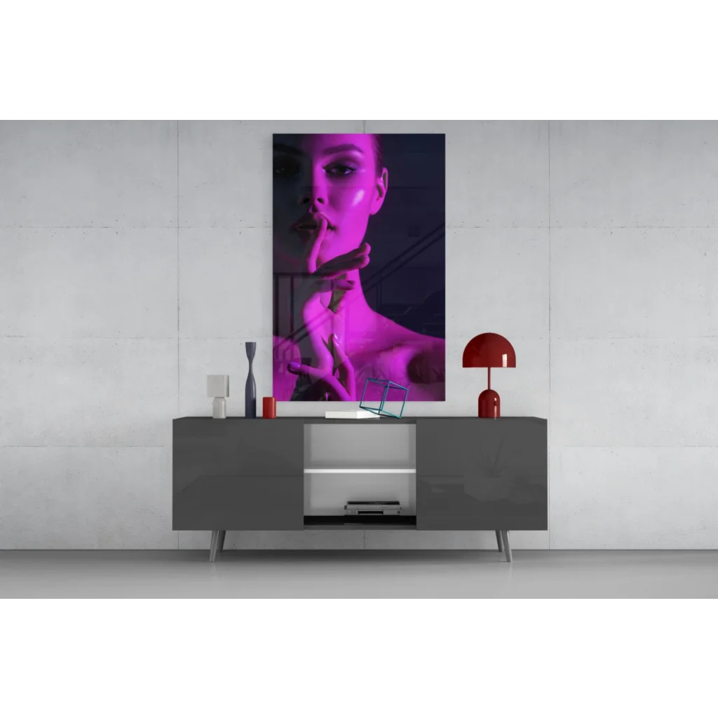 Vibrant neon purple portrait glass wall art canvas of shushing woman
