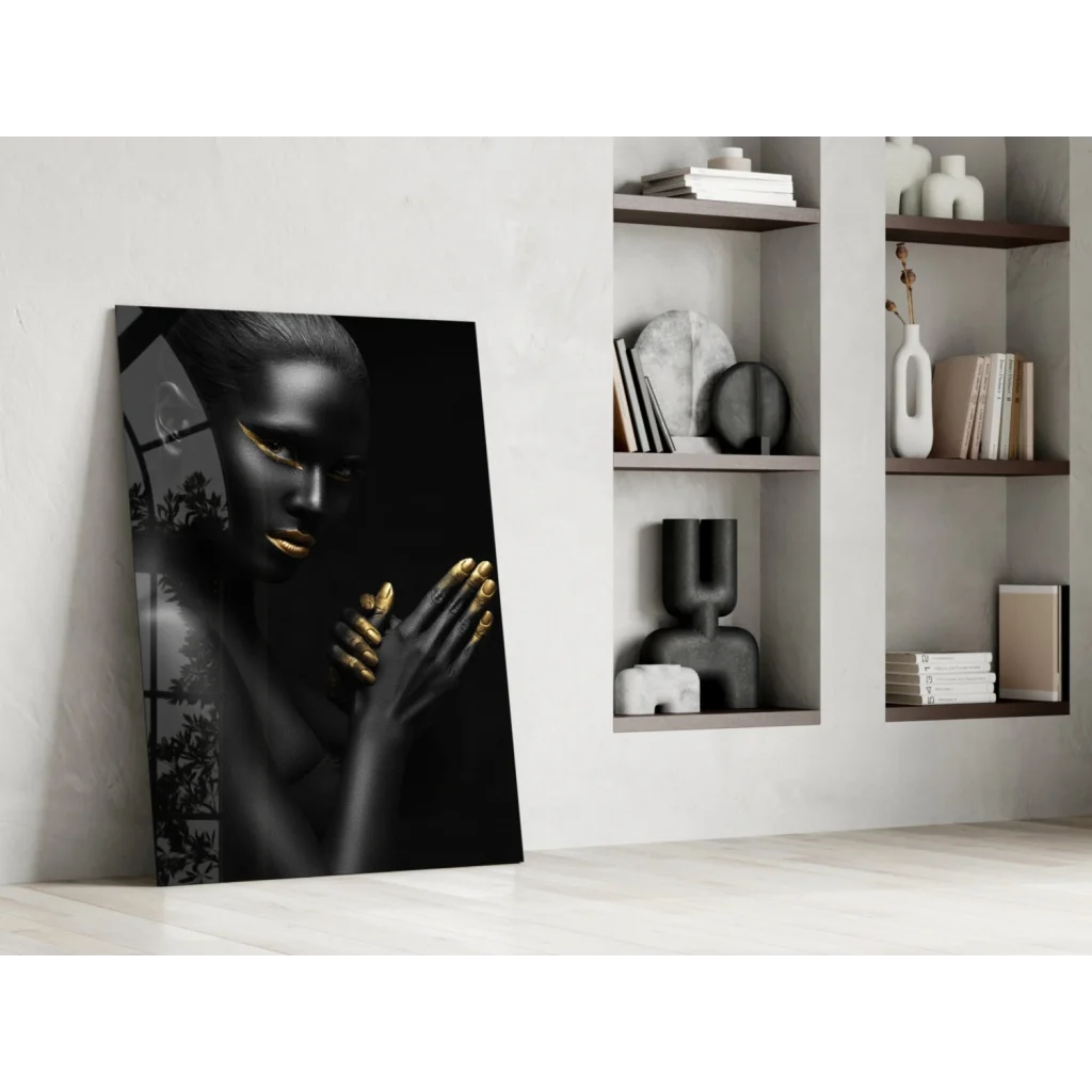 Stunning black gold woman tempered glass art portrait canvas