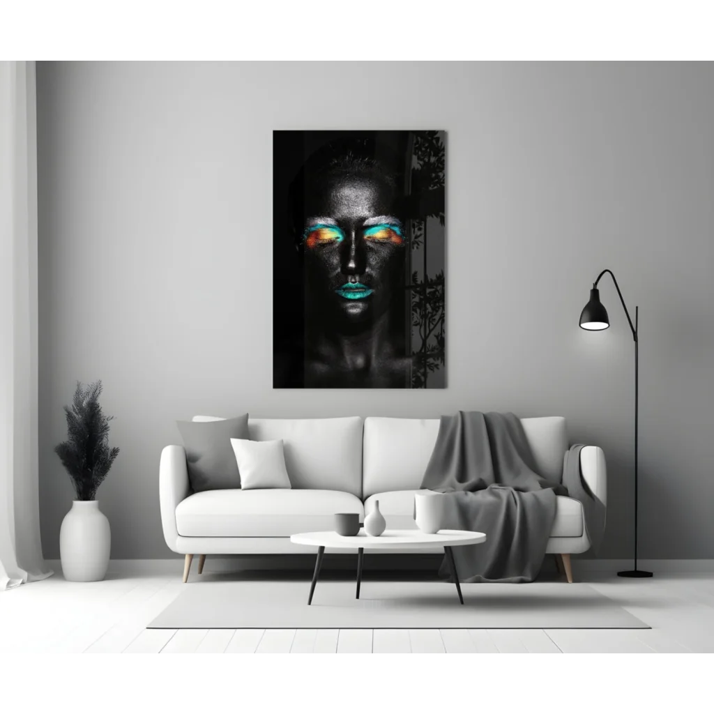 Vibrant Teal Eye Makeup Tempered Glass Art Portrait | Modern Wall Art Decor | vintageantiquesgifts.com