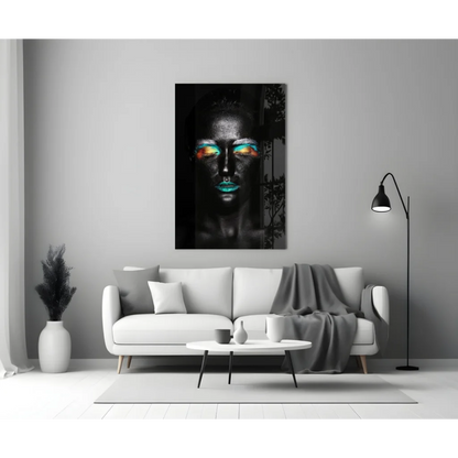 Vibrant Teal Eye Makeup Tempered Glass Art Portrait | Modern Wall Art Decor | vintageantiquesgifts.com