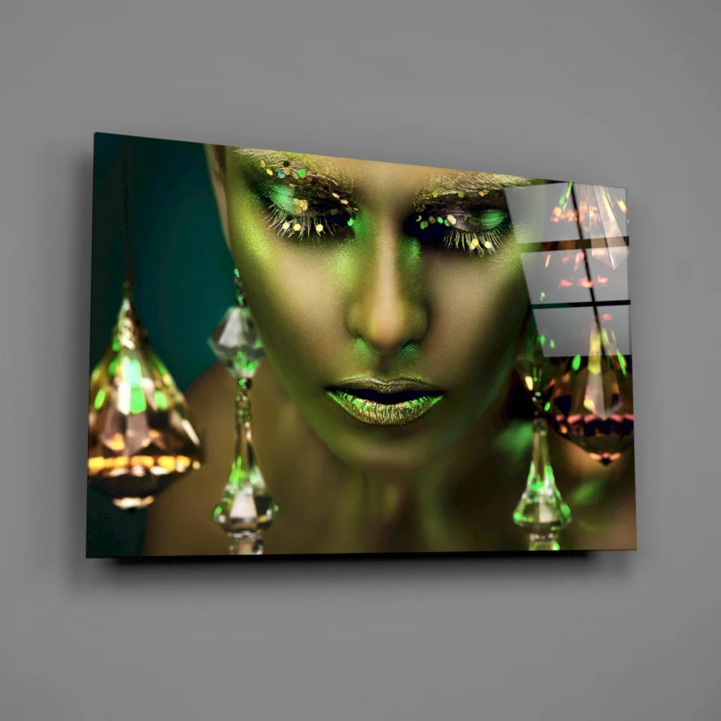 Close-up portrait on stunning tempered glass art with green glittery eyes