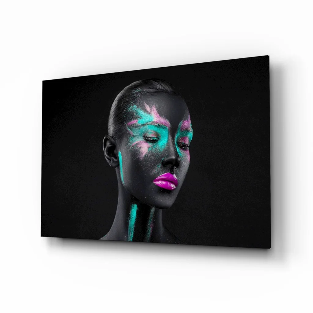 Neon glam tempered glass art with teal pink glow woman