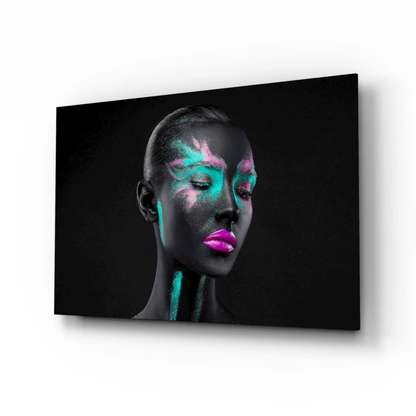 Neon glam tempered glass art with teal pink glow woman