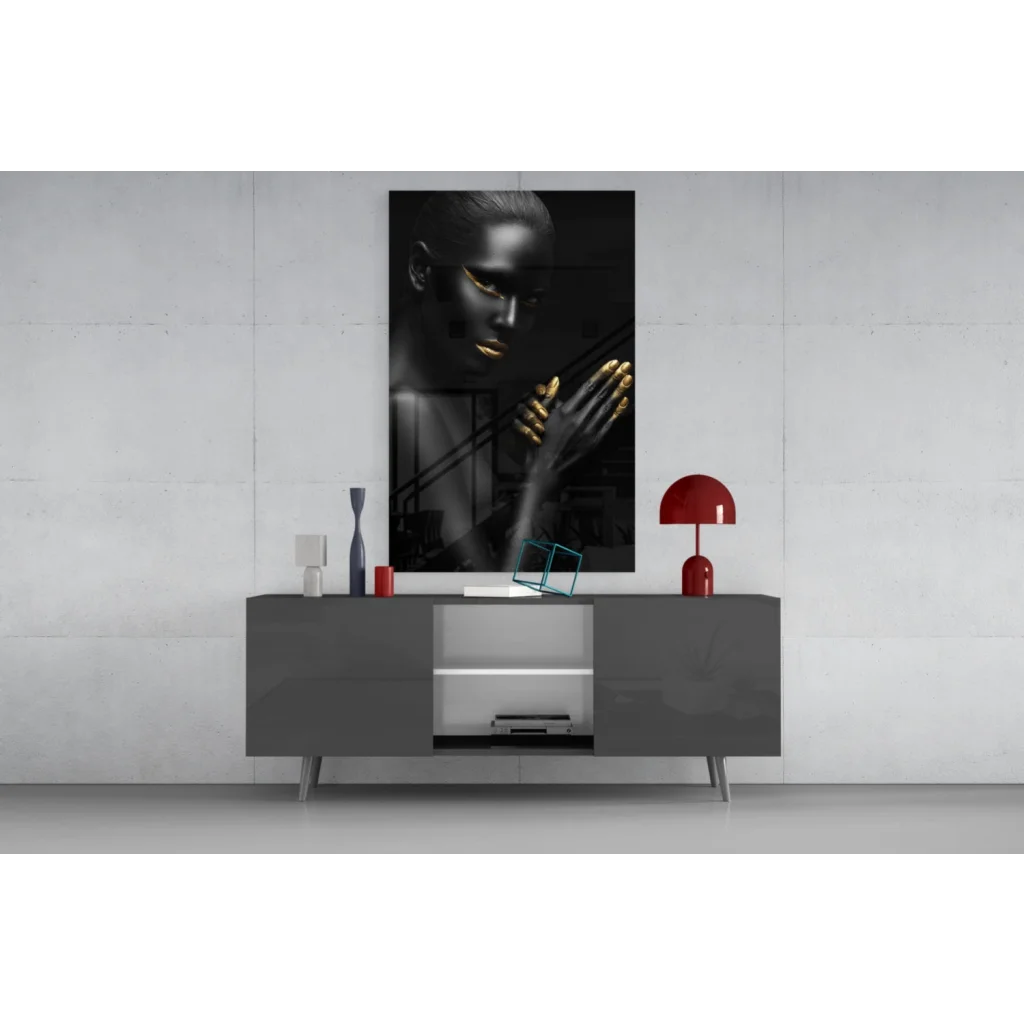 Stunning black gold woman tempered glass art portrait canvas