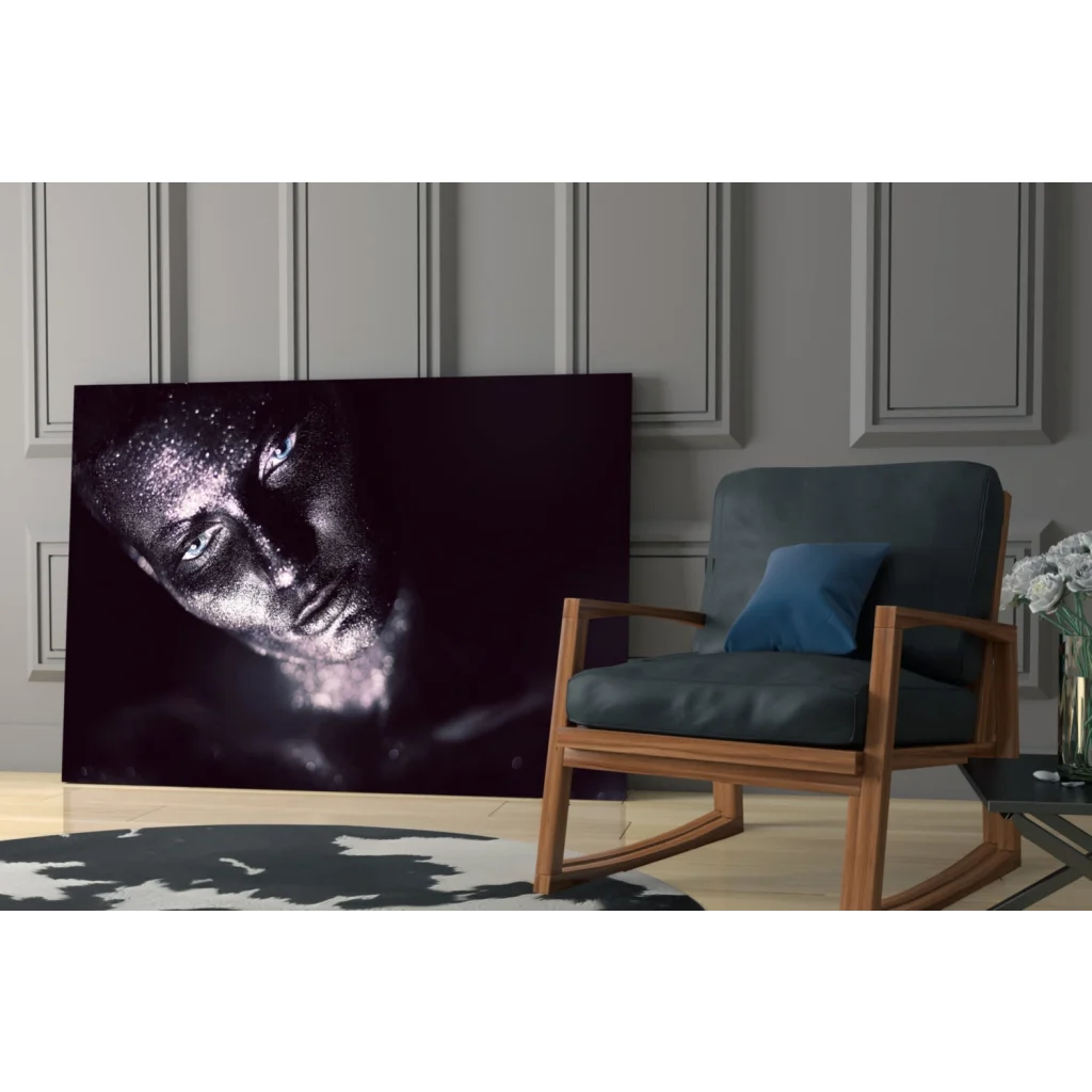 Stunning silver glitter portrait on tempered glass art with blue eyes