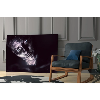 Stunning silver glitter portrait on tempered glass art with blue eyes