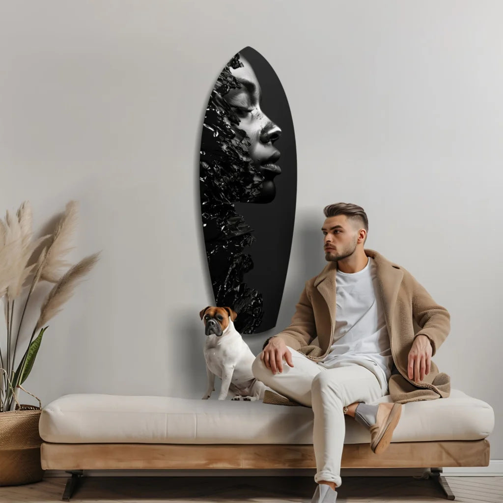 Black tempered glass art portrait of woman in profile for modern homes