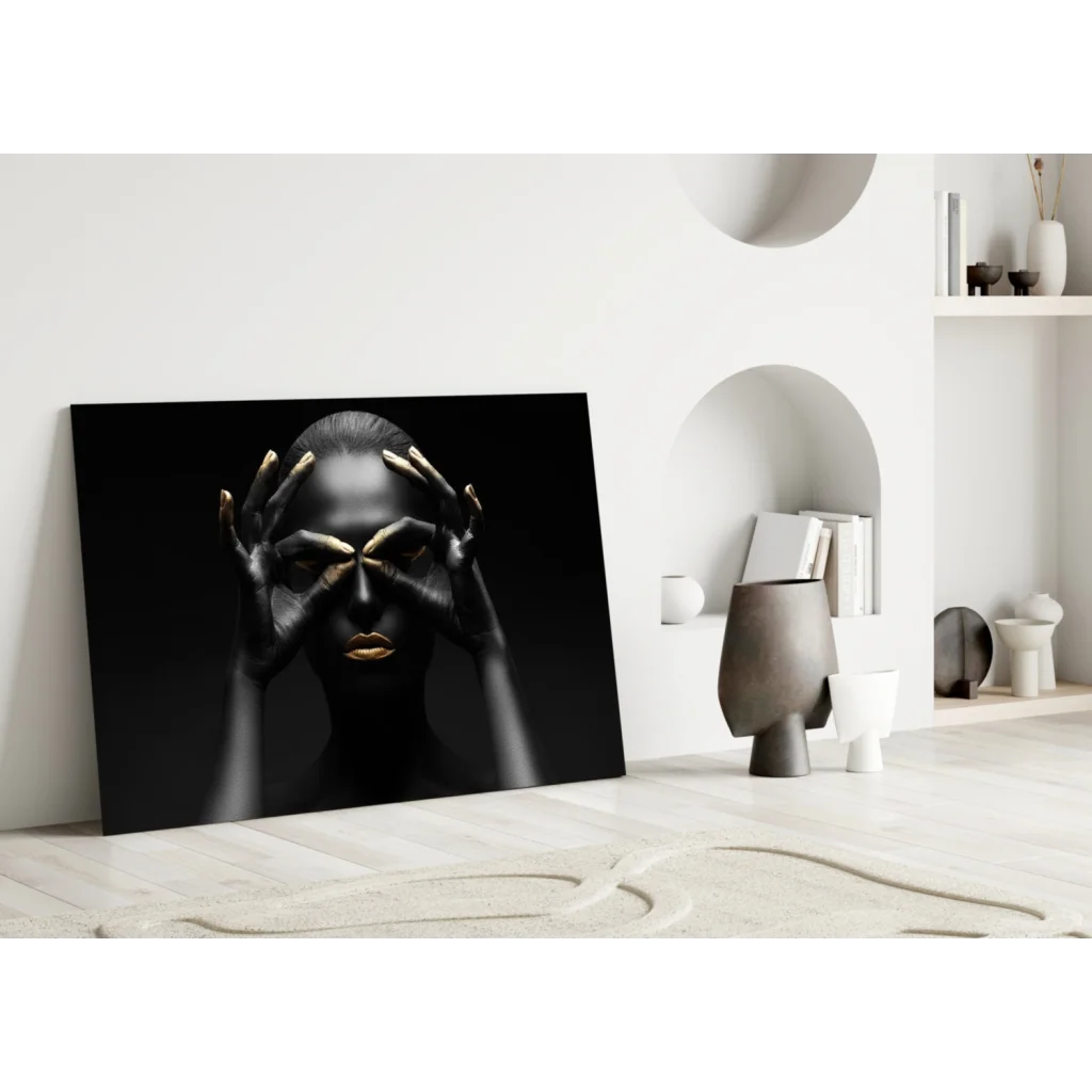 Golden Mystique woman with gold lips covering eyes on tempered glass art