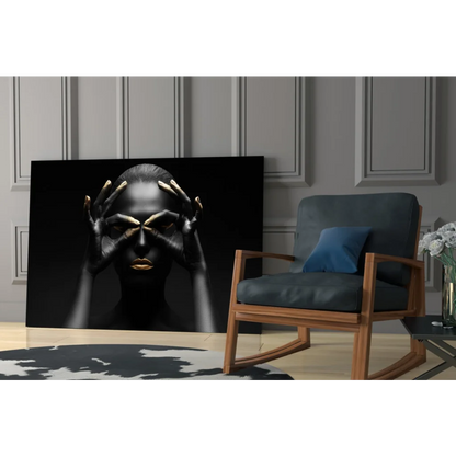 Golden Mystique Tempered Glass Art: Black canvas woman with gold hands and lips