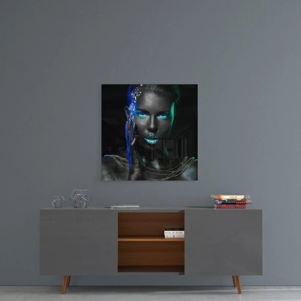 Futuristic Silver Woman Tempered Glass Art with Glowing Blue Eyes | Contemporary Home Wall Art | vintageantiquesgifts.com
