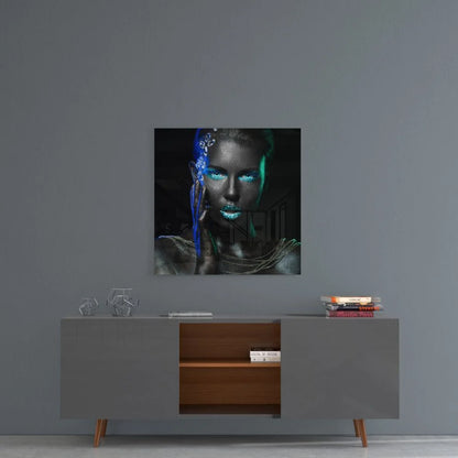 Futuristic Silver Woman Tempered Glass Art with Glowing Blue Eyes | Contemporary Home Wall Art | vintageantiquesgifts.com