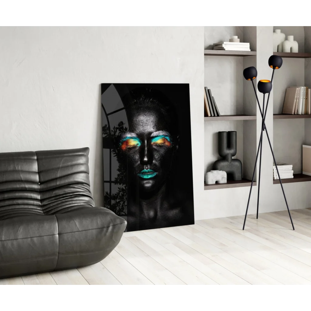 Vibrant teal eye makeup tempered glass art portrait on black canvas