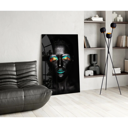 Vibrant teal eye makeup tempered glass art portrait on black canvas