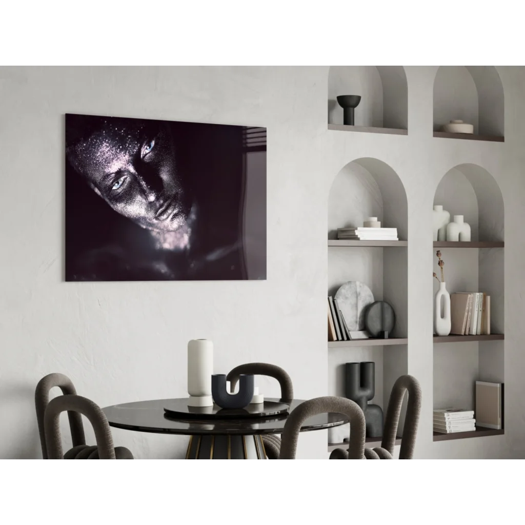 Stunning silver glitter portrait on tempered glass art with vibrant colors