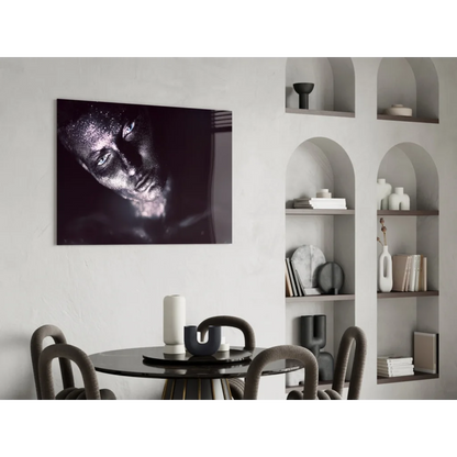 Stunning silver glitter portrait on tempered glass art with vibrant colors