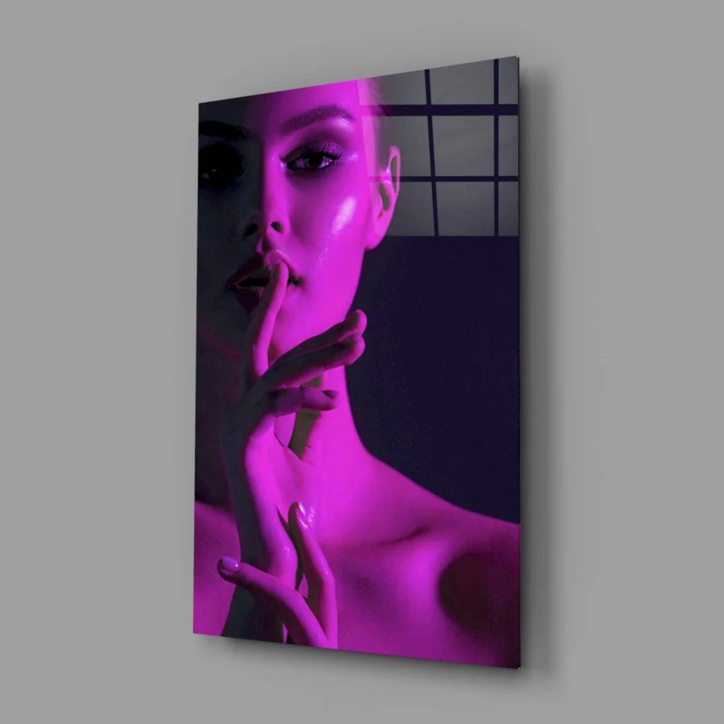 Sleek neon purple portrait glass wall art canvas print of glowing woman