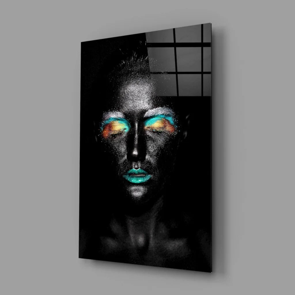 Vibrant Teal Eye Makeup Tempered Glass Art Portrait | Glass Wall Art Print | vintageantiquesgifts.com