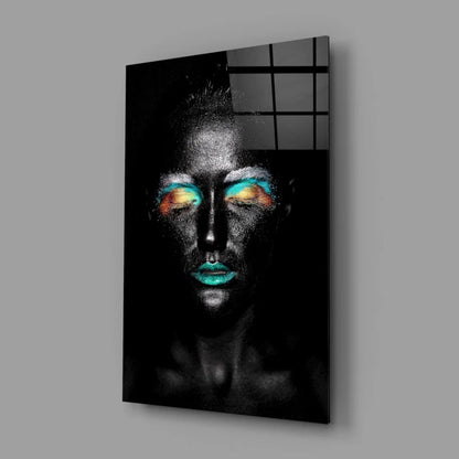 Vibrant Teal Eye Makeup Tempered Glass Art Portrait | Glass Wall Art Print | vintageantiquesgifts.com