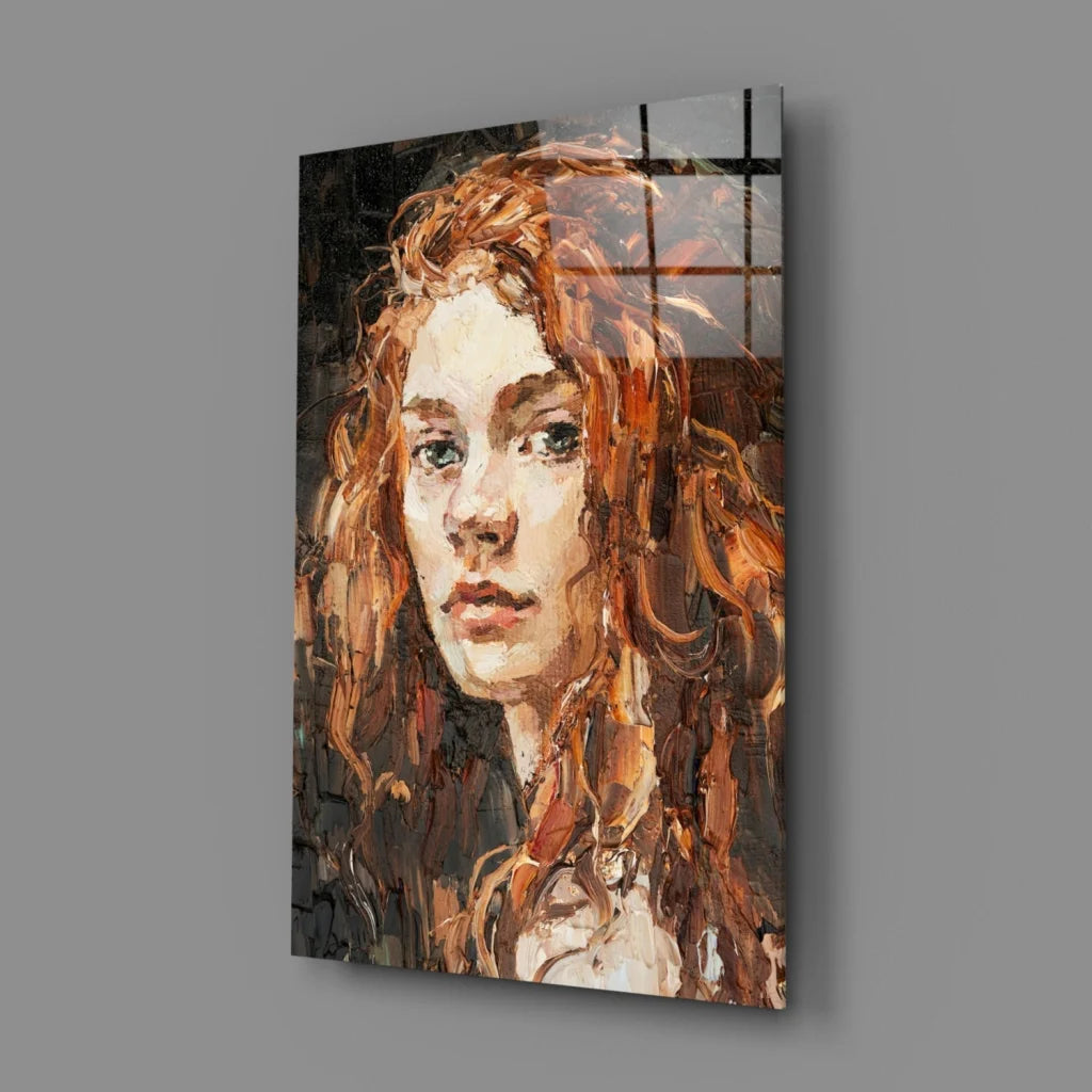 Fiery redhead portrait glass wall art with emerald eyes