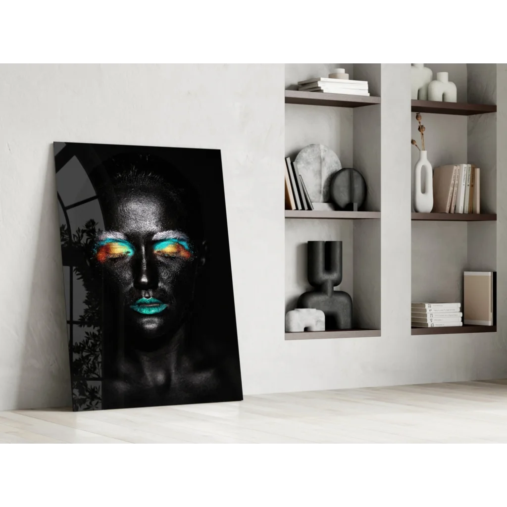 Stylized face on vibrant teal eye makeup tempered glass art portrait