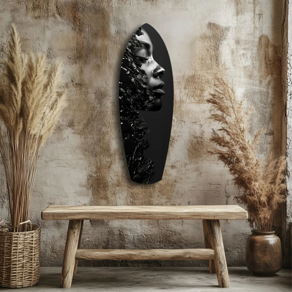 Black tempered glass art portrait of stylized woman’s profile