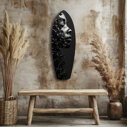 Black tempered glass art portrait of stylized woman’s profile