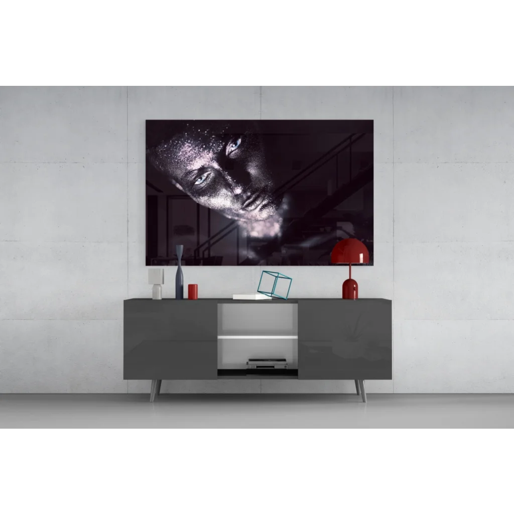 Striking black-and-white glitter portrait on tempered glass art