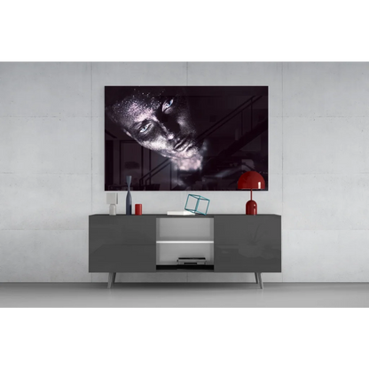 Striking black-and-white glitter portrait on tempered glass art