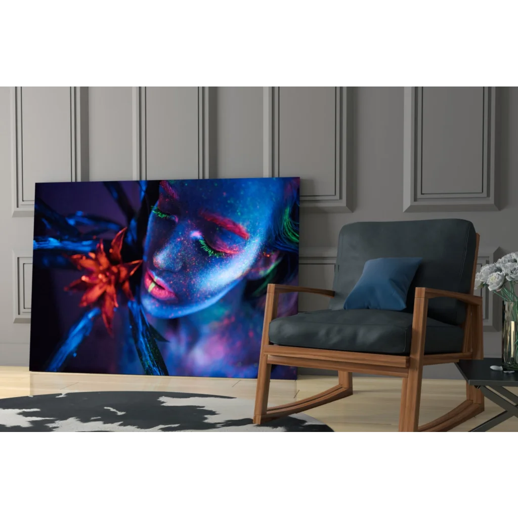 Vibrant neon blue purple canvas wall art with glowing green eyes face and red florals