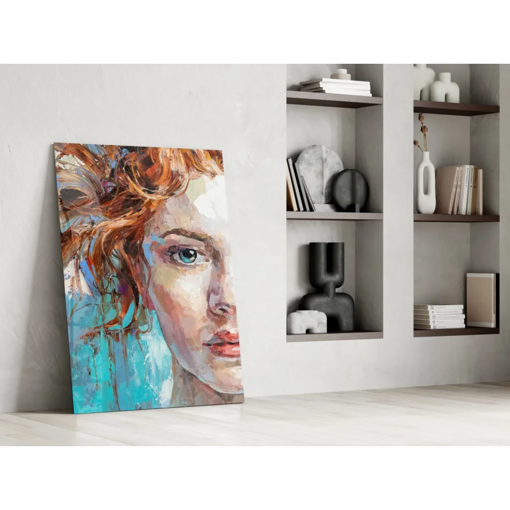 Vibrant fiery redhead glass wall art with mesmerizing blue eyes
