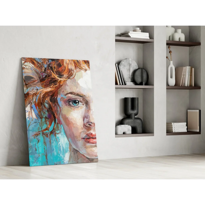 Vibrant fiery redhead glass wall art with mesmerizing blue eyes