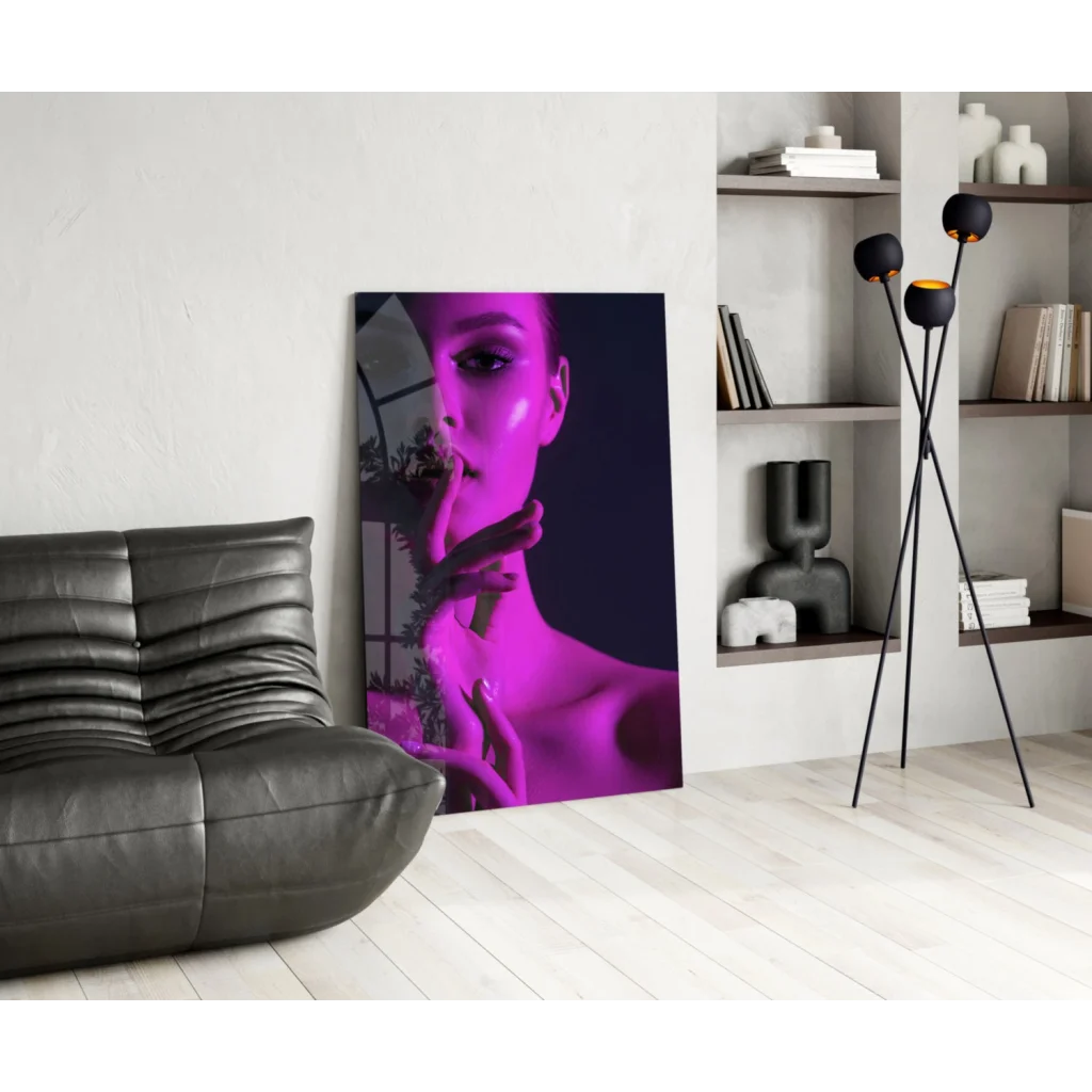 Vibrant purple woman portrait on neon glass wall art canvas print