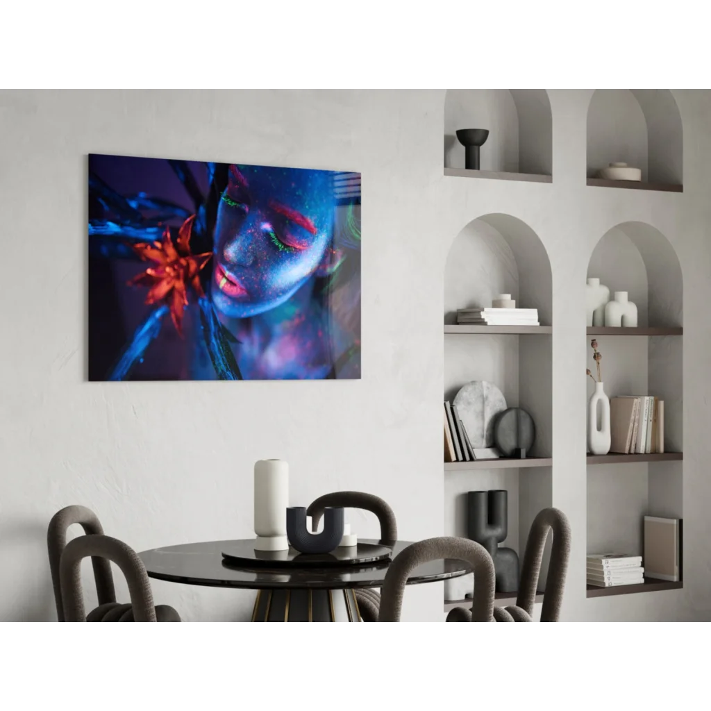 Vibrant neon blue red abstract portrait canvas wall art on white wall