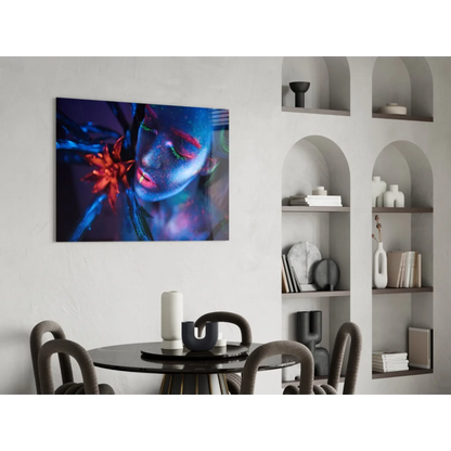 Vibrant neon blue red abstract portrait canvas wall art on white wall